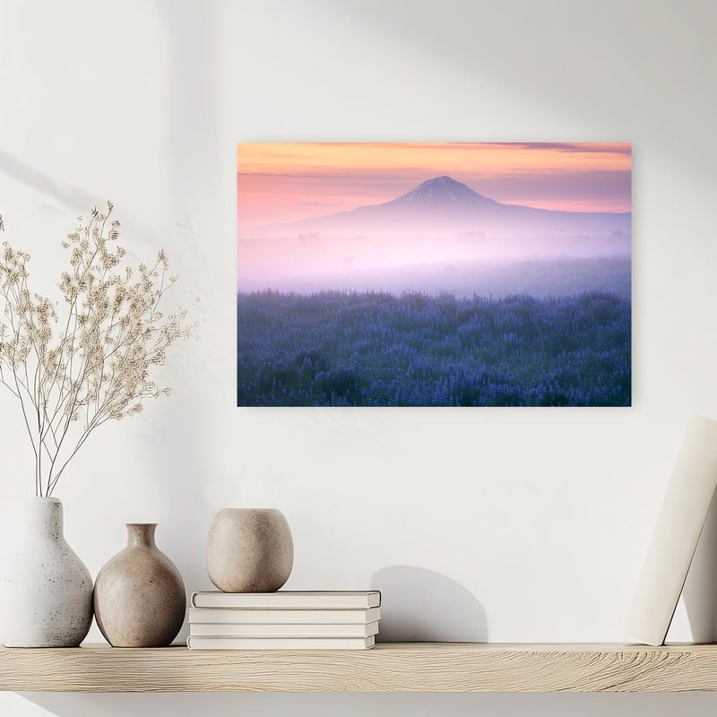 Pink Sky Mountain Mist Colorful Dreamy Ethereal Flower Landscape Wall Art Print 1 Piece Wrapped Canvas Wall Art