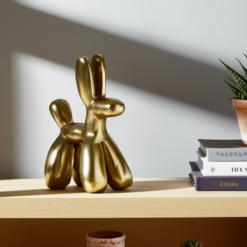 Balloon Dog Sculpture Figurine – Contemporary Metal Art Statue for Tabletop or Shelf Display – Unique Decorative Objects for Kitchen Decor, Office, and Home Decor – Perfect Accent for Modern Living Room Styling – 8", Gold