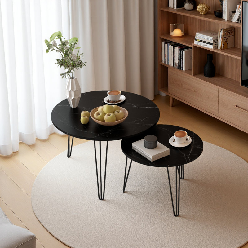 Nesting Coffee Table Set Of 2, Circular Nesting End Table Set, Round Tabletop, And Sturdy Metal Base For Living Room, Black