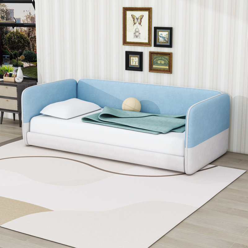 Upholstered Floor Bed with Armrests and Protective Side Rails, Blue
