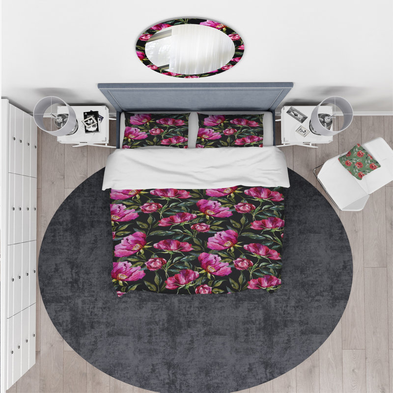 Ensemble de housse de couette peinte à la main designart fleurs sur fond foncé, Housse simple + 1 taie décorative