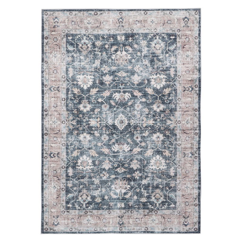 Bungalow Rose Indigo Bloom Machine Washable Area Rug – Soft, Durable, Non-Slip, Stain Resistant, Eco-Friendly GRS Certified, Perfect for Bedroom, Living & Dining Rooms