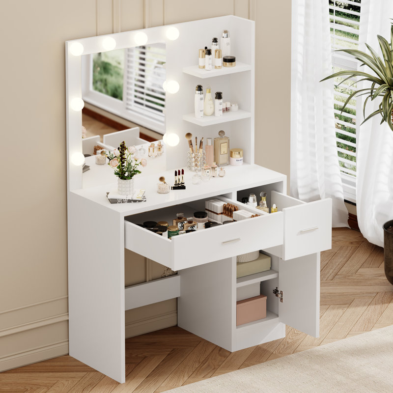 Bureau de maquillage avec lumière et miroir, Blanc
