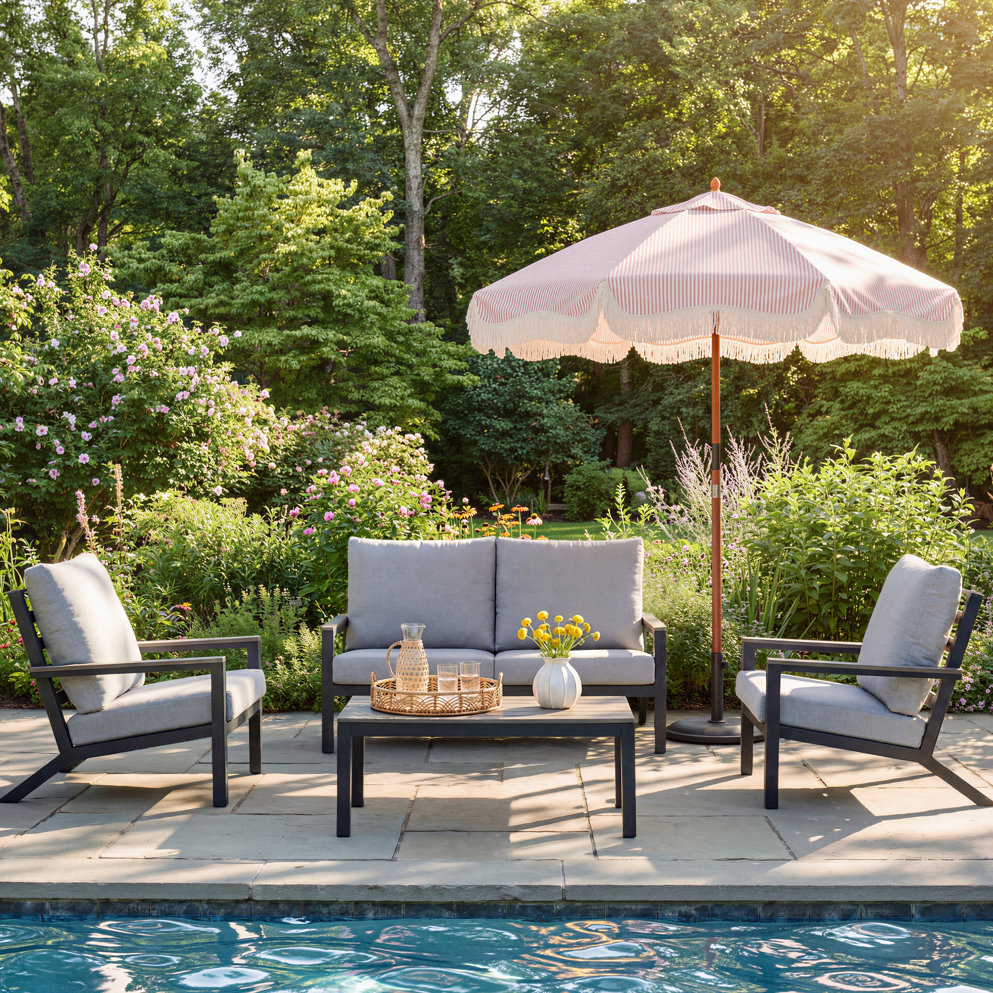 Landing 4 Piece Sofa Seating Group with Cushions , Slate Black Frame/Light Gray Cushion