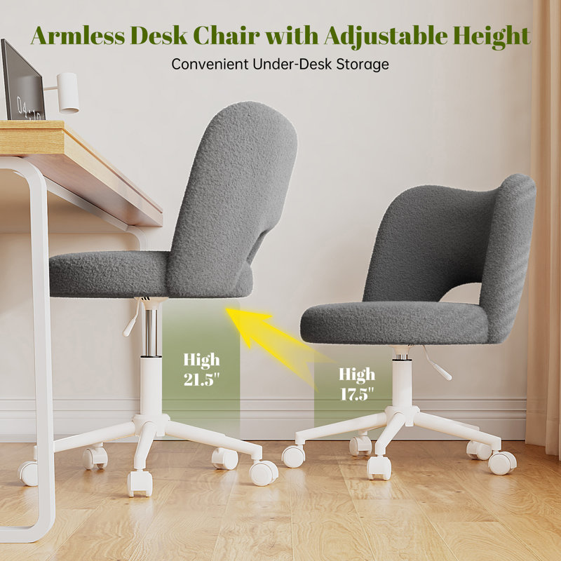 Upholstered Armless Home Office Desk Chair With Wheels, Gray