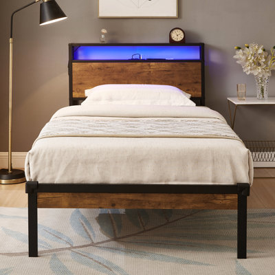 Twin Size Metal Platform Bed With Wooden Head & Foot Boards, Interface, Led Lights, Remote Control Operation, Box Spring Not Demanded, Abundant Under Storage Option, Easy Assembly Method, Modern