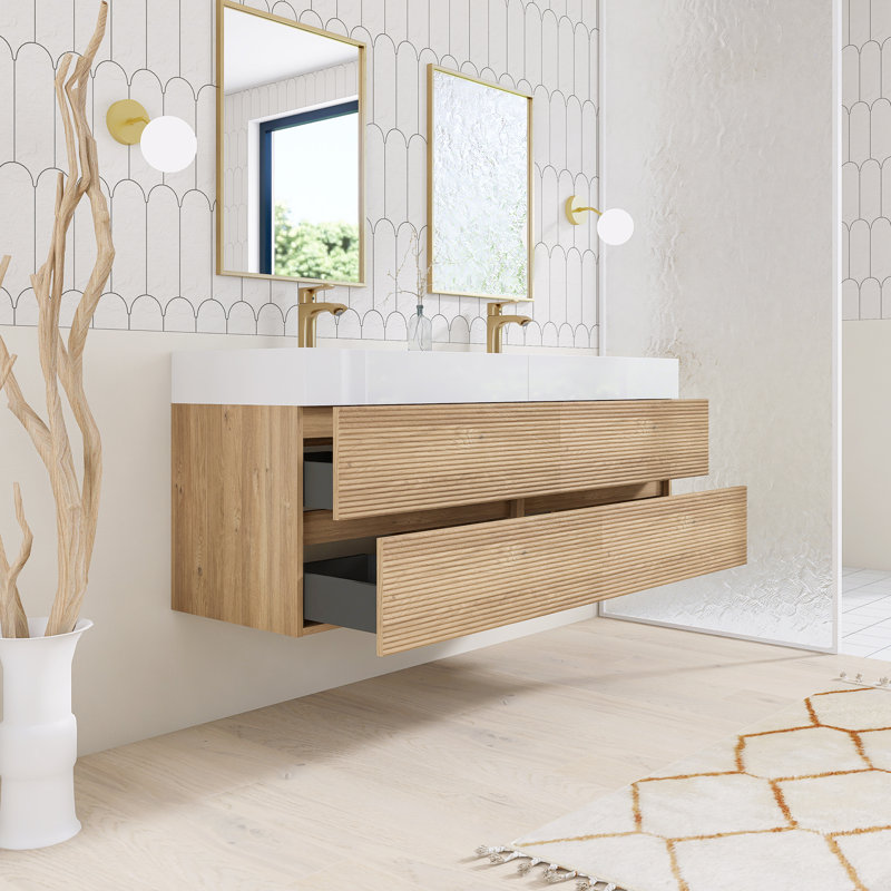 Ensemble de meuble-lavabo double 60 po avec surface solide 60 po, Chêne, 60"