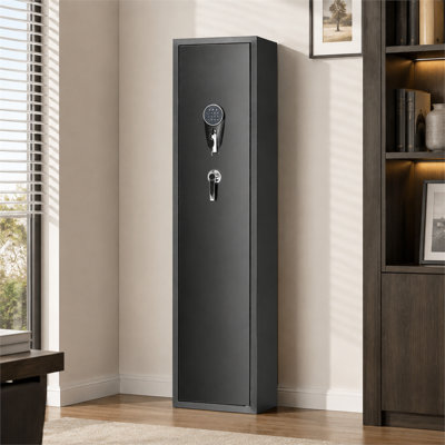 5-gun capacity gun cabinet, numeric keypad lock, built-in storage space and removable shelves, suitable for storing both long and short firearms.