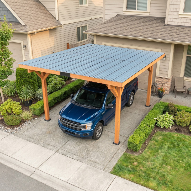 18.3 x 12.6 x 7.8 FT Heavy Duty Wooden Carport - Steel Slanted Hardtop Roof Gazebo, Multi-Functional Utility Outdoor Vehicle & Storage Shelter