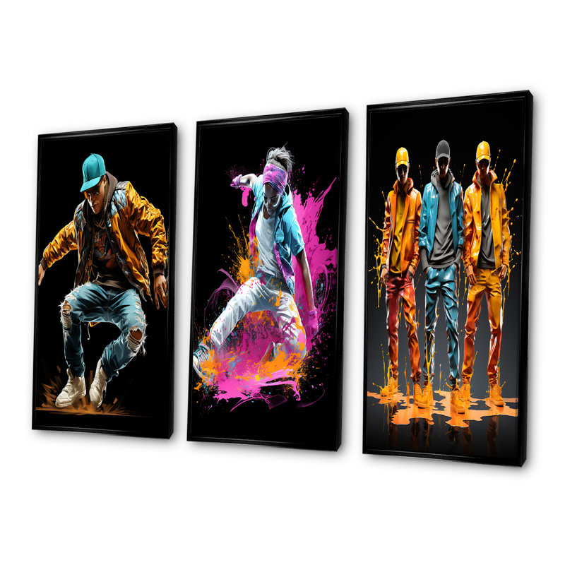 Urban Rhythms Breakdance Evolution I - ensemble de 3 reproductions d'art sur toile, Cadre flottant noir, H 32 po x l 48 po