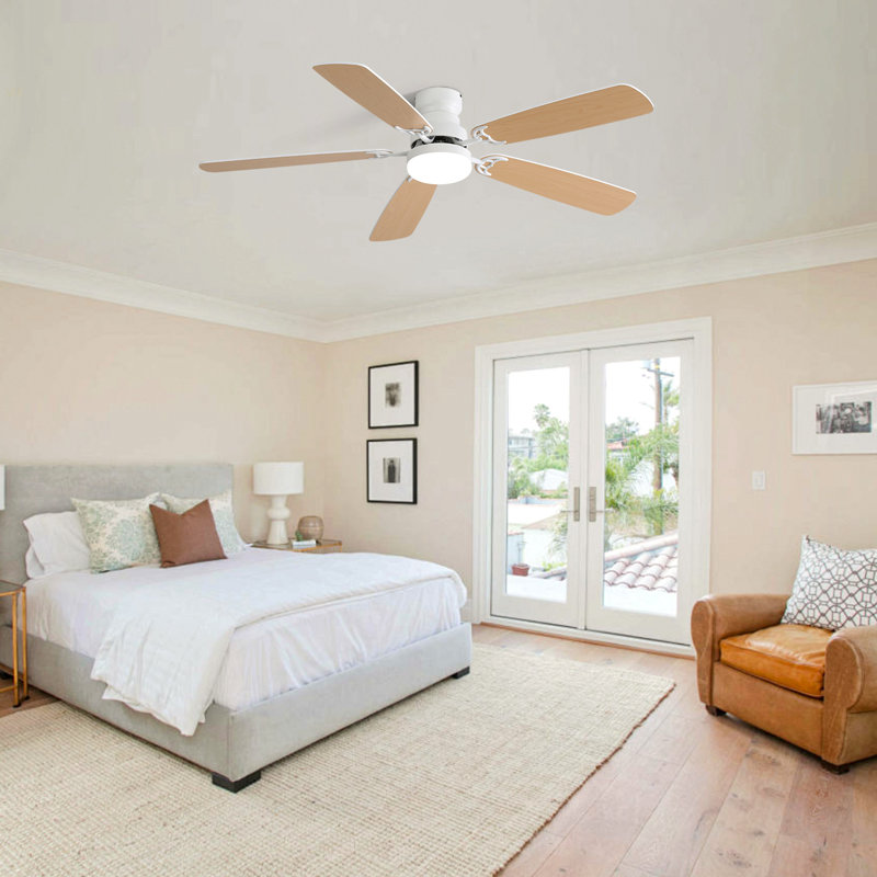 Indoor Modern 52 Inch Ceiling Fan 6 Speed Wind 5 Blades Remote Control Reversible DC Motor With Led Light, Oak, White