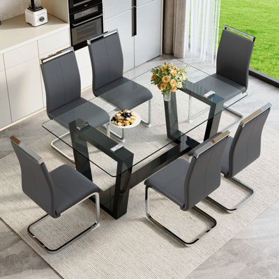 63'' Dining Table Set For 4–6 People, Modern Tempered Glass Kitchen Table With Faux Leather Chairs