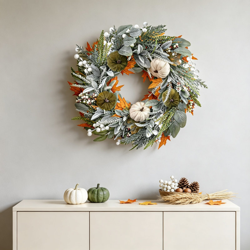 55cm (22 Inch) Artificial Autumn Eucalyptus Wreath, Large Fall Wreath with Velvet Pumpkins, Berries & Maple Leaves, Indoor‑Outdoor Farmhouse Decoration for Front Door, Porch, Wall, Harvest & Thanksgiving Home Décor