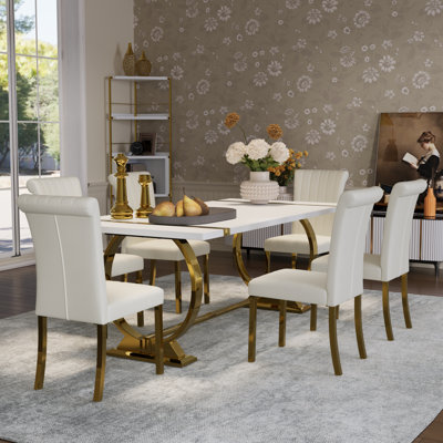 7 Piece Luxury White And Gold Dining Table Set With 6 White Leather Dining Chairs