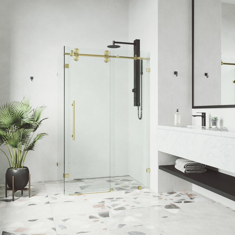 Winslow 46.5 in. W x 74 in. H Frameless Sliding Rectangle Shower Enclosure, Matte Brushed Gold