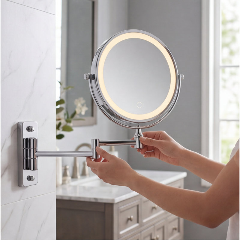 Miroir de maquillage mural à DEL rechargeable, grossissement de 8 pouces à double face 1 / 10X, éclairage 3 couleurs, gradation tactile, finition chromée