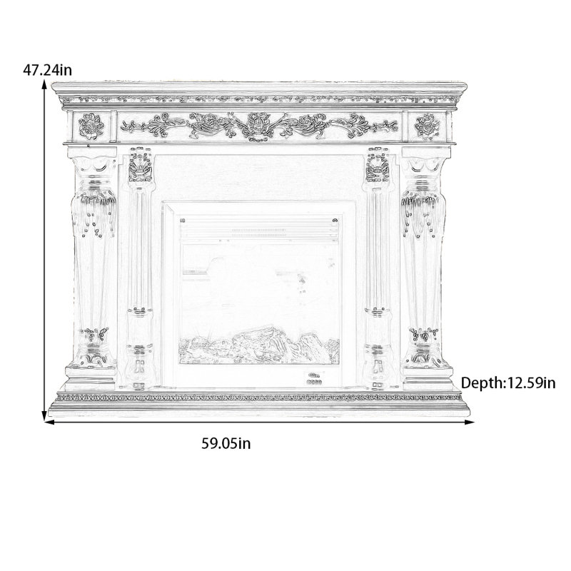 Retro solid wood base carved design fireplace, 47.24" H x 59.05" W x 12.59" D, Brown