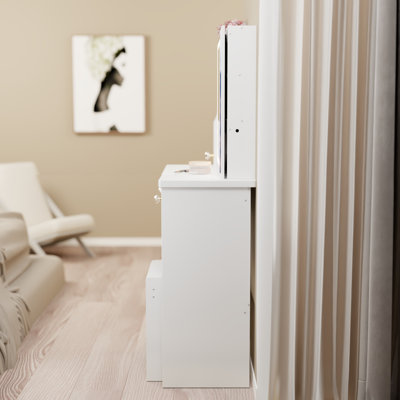 29.2" Small Space Left Drawer Desktop Vanity Table + Cushioned Stool, Extra Large Right Sliding Mirror, Multi Layer High Capacity Storage, Practical Fashionable Dresser, Suitable For Small Space