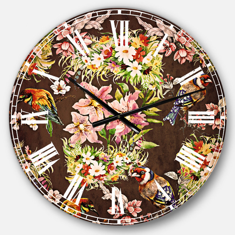 Oiseaux et fleurs colorés - Horloge murale traditionnelle, Moyen