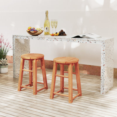 Outdoor Wood Bar Stools Set of 2 w/Round Seat Footrest Patio Backless Barstools