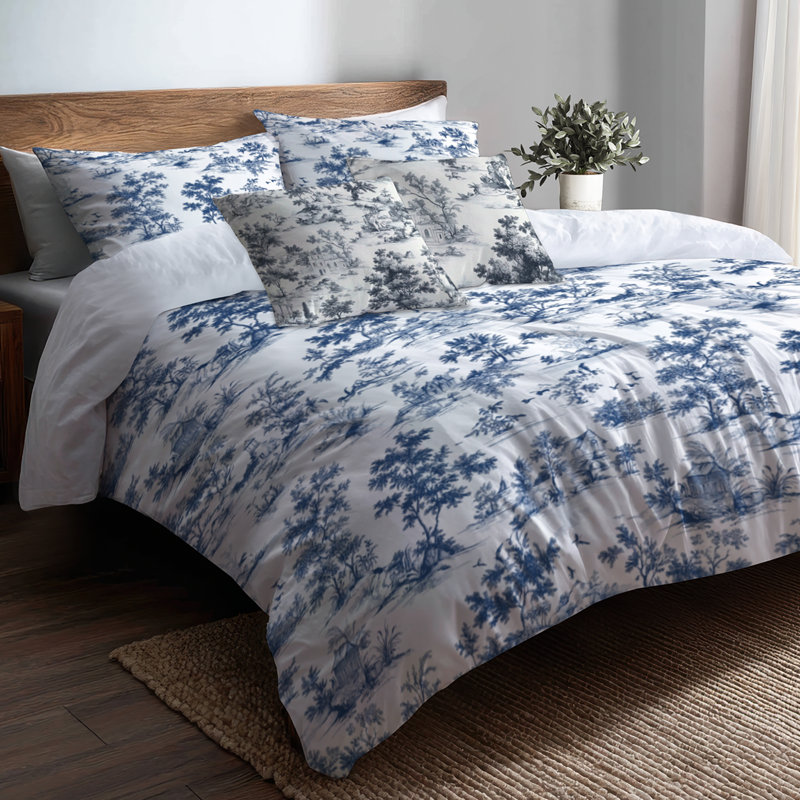 Ensemble de literie moderne 5 pièces - Ensemble de housse de couette et de coussins Blue Toile Wash