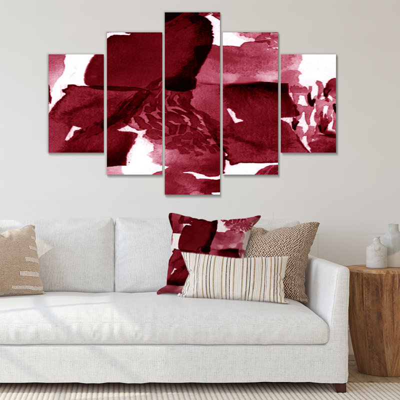Abstrait bourgogne abstrait sur fond blanc - reproduction d'art moderne sur toile - 60 x 32 - 5 panneaux