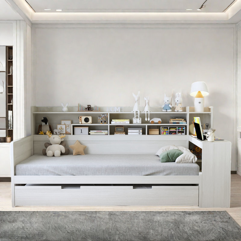 Multifunctional Wooden Daybed With Storage Shelves, Study Desk And Trundle, Twin, White