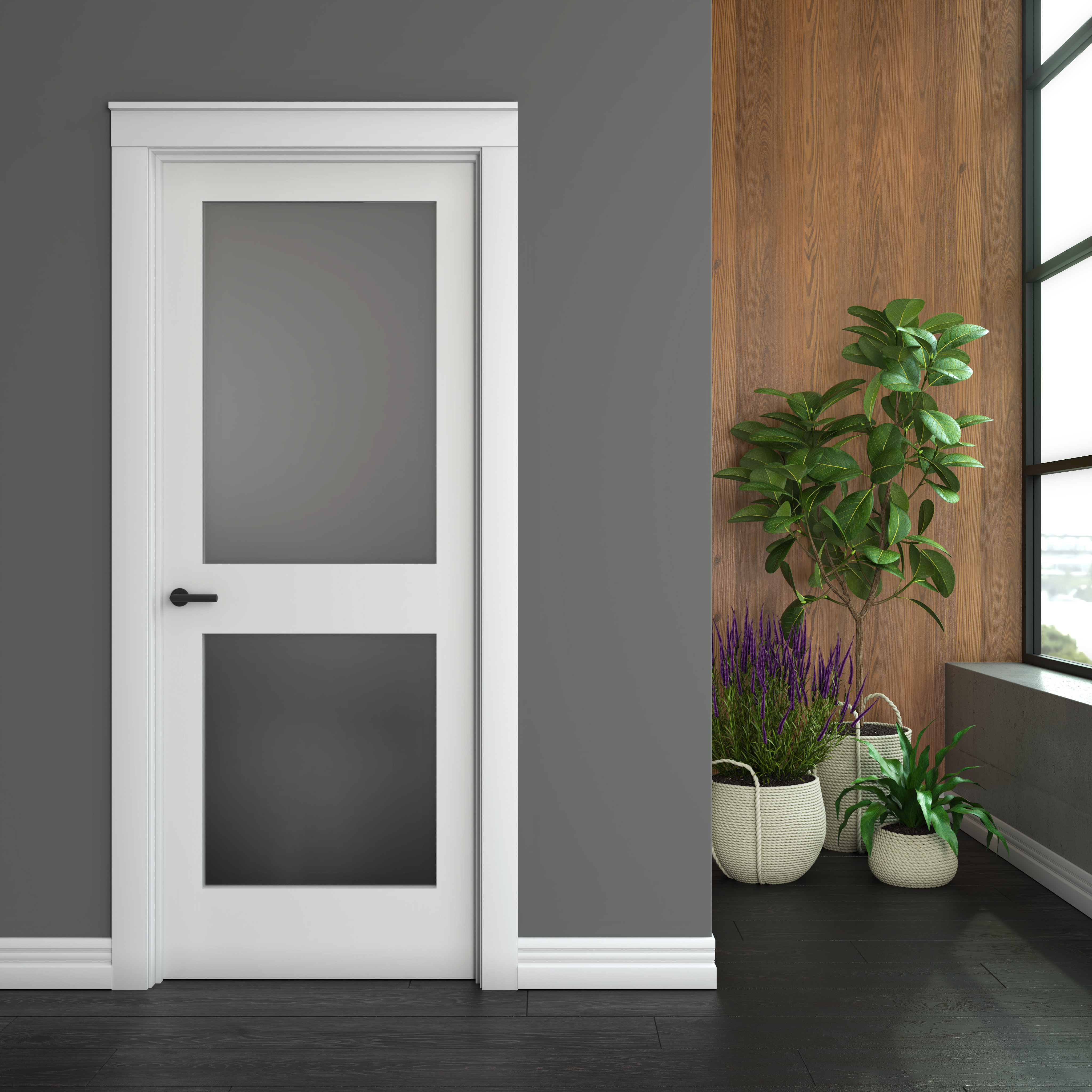 EightDoors 30 in. x 80 in. x 1-3/8 in. 2-Lite Solid Core Frosted Glass Shaker White Primed Wood Interior Door Slab, image size:4096x4096