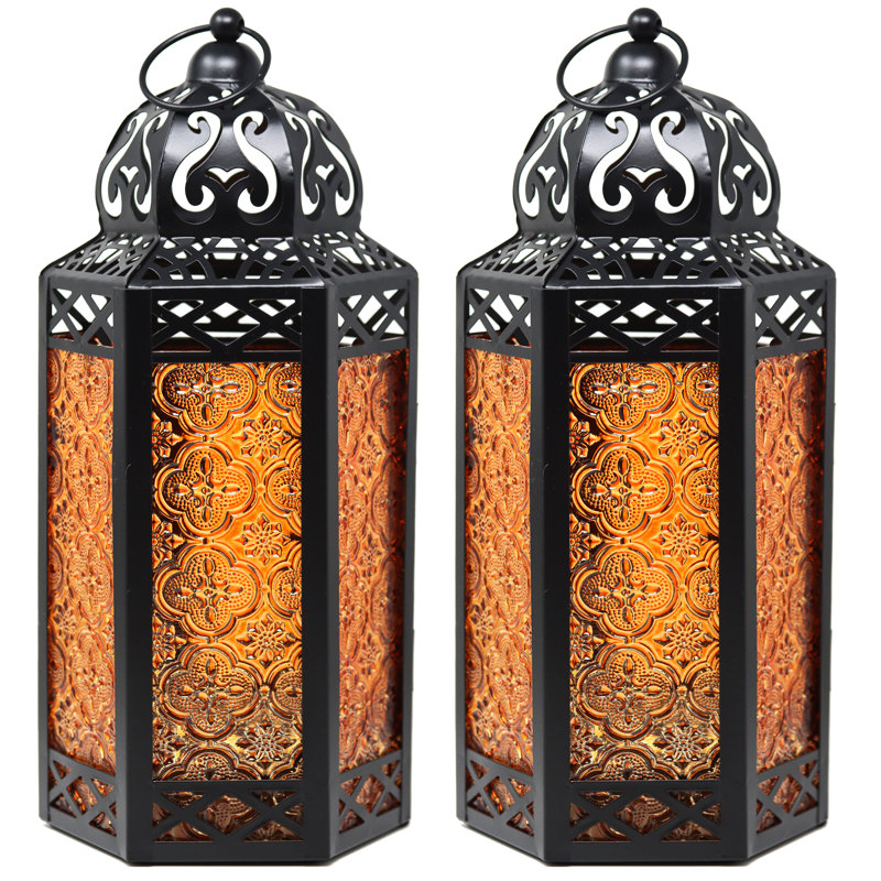 Moroccan Candle Lantern Decorative Candle Holder Lamp for Table or Hanging, Ramadan Decorations, Weddings, Indoor Home Decor, Outdoor Patio or Porch (Set of 2)