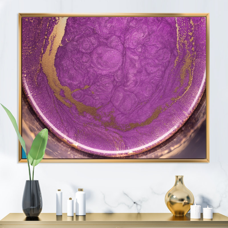 Reproduction d'art sur toile doré et mauve liquide II, H 12 po x l 20 po x P 1 po, Toile encadrée flottante dorée
