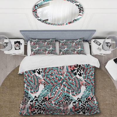 Colorful Tropical Leaves Animal Print Duvet Cover