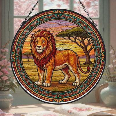 Panneau de vitrail en métal Lion