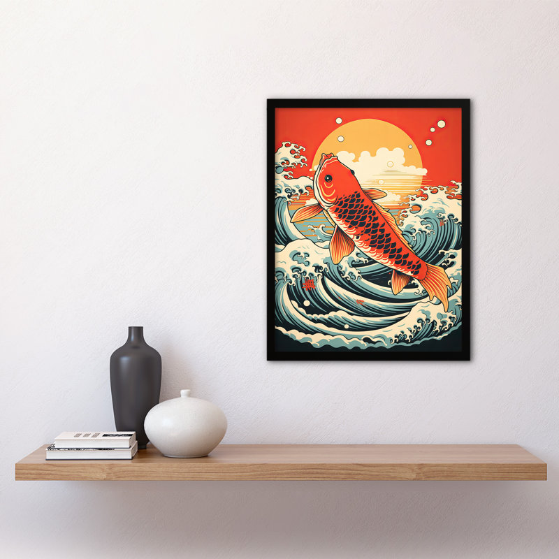 Japanese Koi Fish Leaping From Sea Great Wave Off Goldfish - Single Picture Frame Print