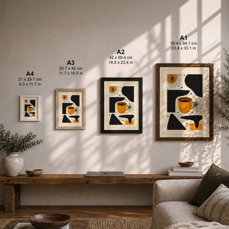 Modern Cup and Starbursts Mid-Century - Framed Print, A1 - 84.1 x 59.4 cm, Black