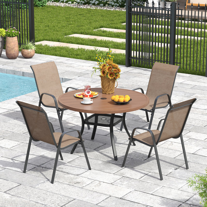 4-Person Outdoor Round Patio Dining Set With Stackable Chairs, Walnut, Brown