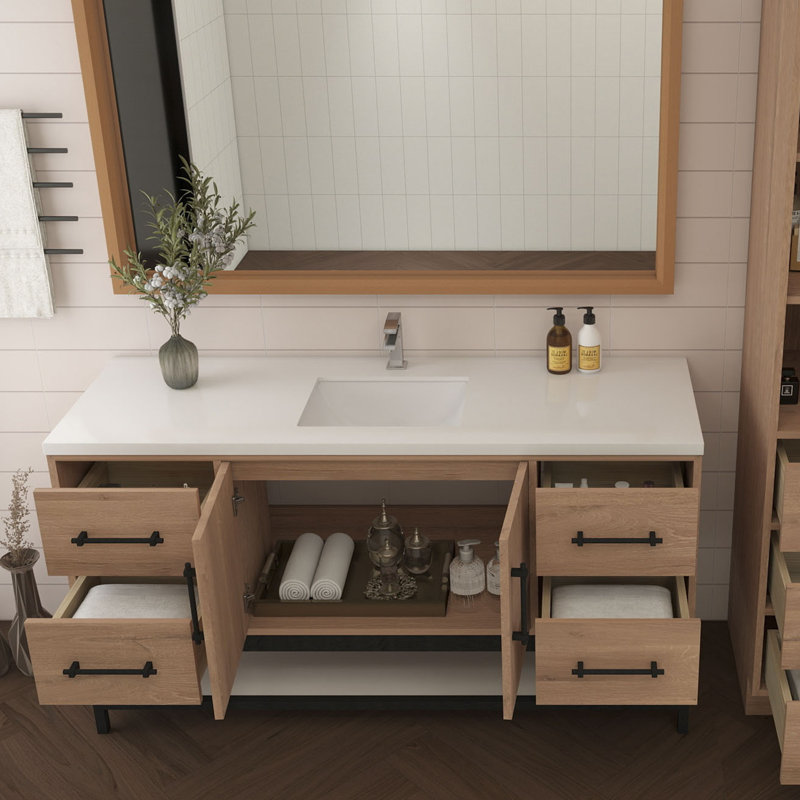 Victoria 60'' Wall-Mounted Vanity with Single Reinforced Acrylic Sink & Rack, Red Oak