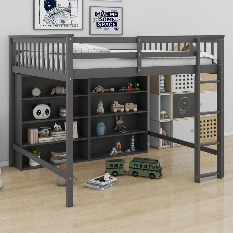 Lit mezzanine avec tablettes de rangement ouvertes, Gris antique
