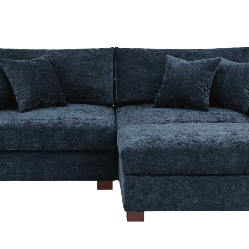 Canapé modulaire rembourré en chenille bleu 3 pièces avec coussins décoratifs et repose-pieds amovibles, Chenille bleu