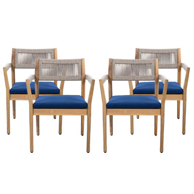 Chaises de salle à manger de patio, en bois tressé toutes saisons, 4 pièces, corde beige, coussins bleu marine, structure, chaises d'extérieur en bois à usage intensif et inclinables pour une assise confortable