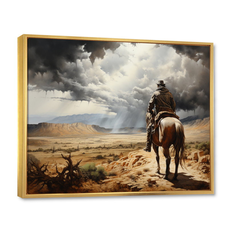 Cowboy Calm Before The Storm - Cowboys Canvas Wall Art, Cadre flottant doré, H 30 po x l 40 po x P 1,5 po