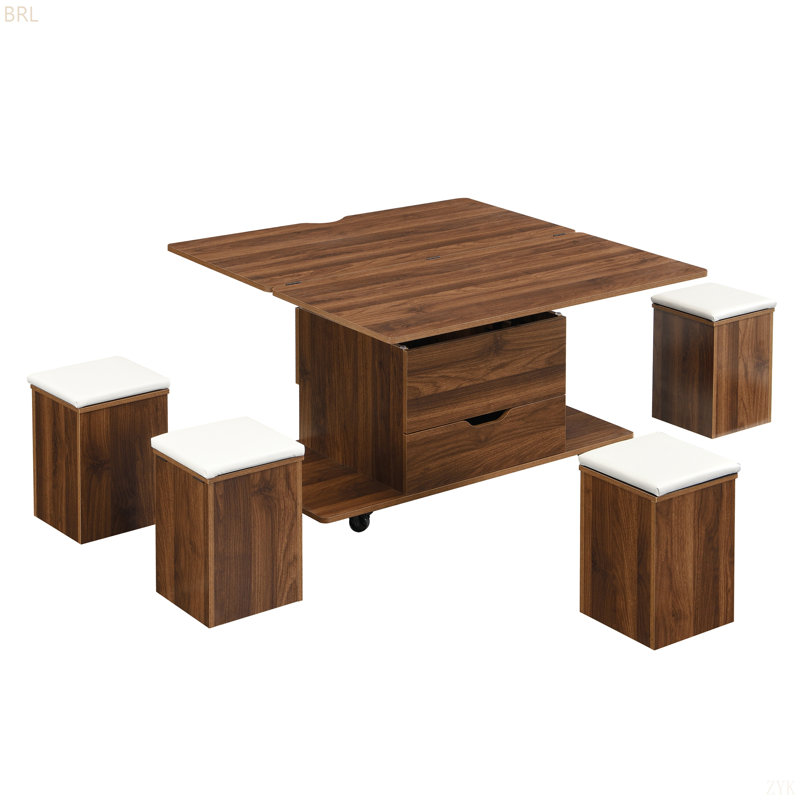 Table basse multifonctionnelle à plateau relevable avec rangement caché et tabourets, table centrale moderne multifonctionnelle avec 4 tabourets et roulettes, parfaite pour les espaces de vie modernes