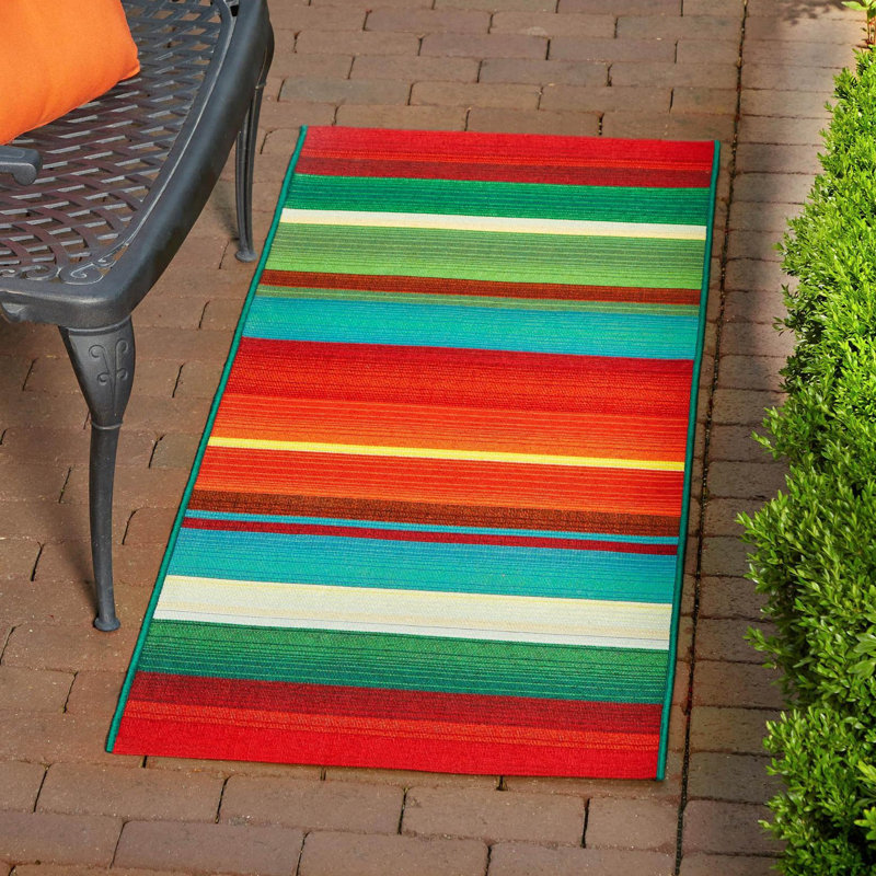 Tapis intérieur / extérieur à rayures Meliton - rouge / vert / bleu / orange, Tapis de couloir 2 pi 7 po x 11 pi
