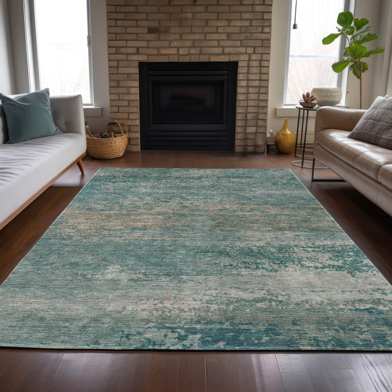 Tapis turquoise Xhevrie intérieur / extérieur lavable à la machine, Rectangle 10 pi x 14 pi