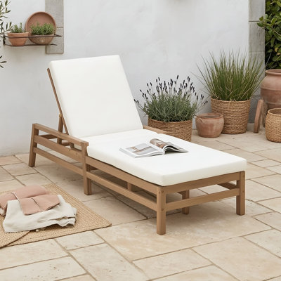 Chaise longue d'extérieur réglable en bois d'acacia à 5 positions avec coussins, fauteuil inclinable pour la piscine ou le jardin