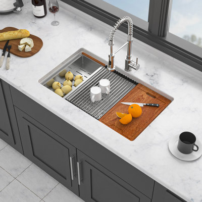 Undermount Kitchen Sink Workstation, 33" White Porcelain Ceramic Single Bowl Dual Mount Kitchen Sink