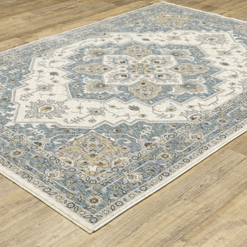 Tapis oriental en polyester tissé à la machine bleu / ivoire Raymir, Rectangle 6 pi 7 po x 9 pi 6 po