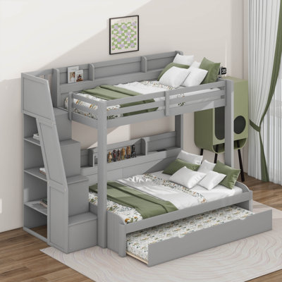 Twin Over Full Bunk Bed With Storage Staircase, Trundle, Storage Shelves, And USB