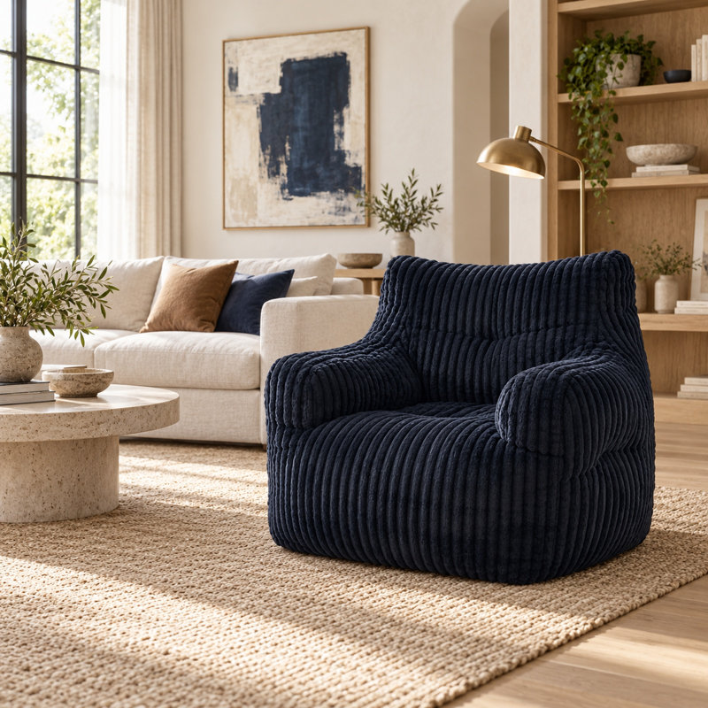 Fauteuil à billes en peluche de taille moyenne pour adulte avec rembourrage en mousse, Velours côtelé noir