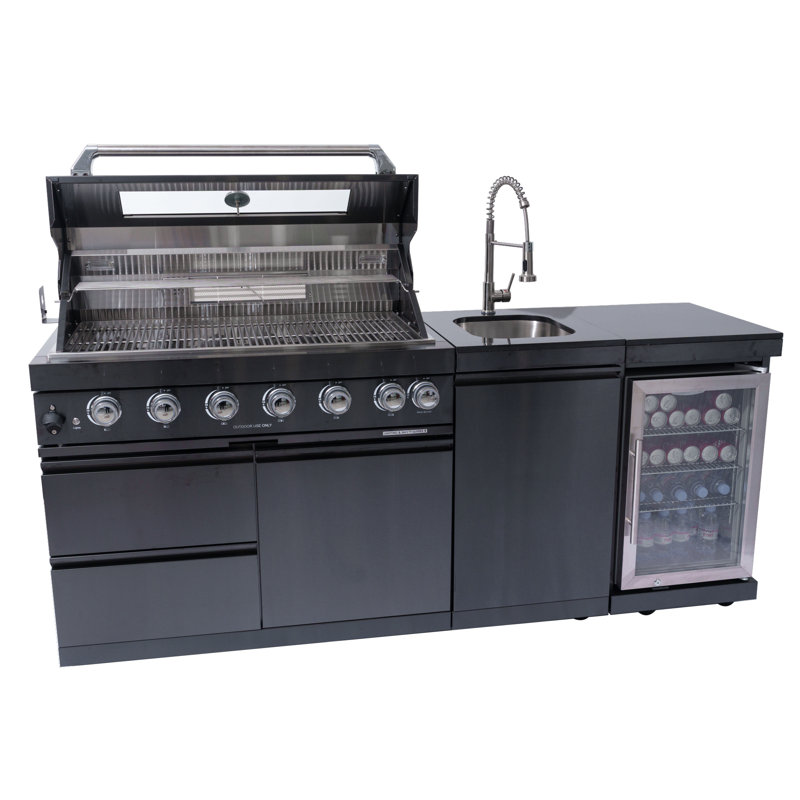 Îlot de cuisine de 43 pouces à 6 brûleurs et 85 000 BTU de cuisine au gaz en acier inoxydable pour barbecue et îlot de cuisine + réfrigérateur à vin compact + ensemble de rôtisserie + comptoirs en granite + évier en acier inoxydable