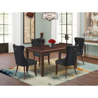 6 Piece Dining Table Set Consists of a Rectangle Kitchen Table and 4 Polyester Fabric Padded Chairs with a Bench, 36x60 Inch, Mahogany
